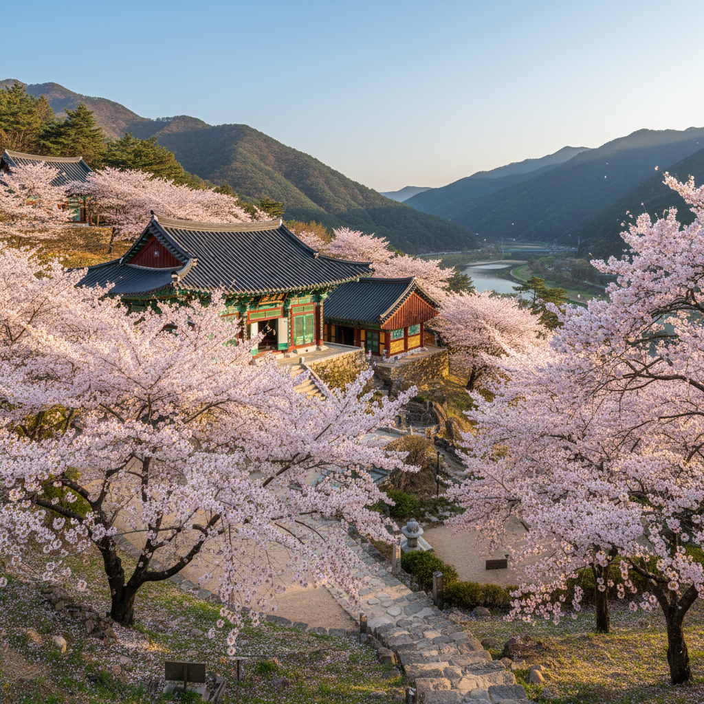 문수사 전경과 겹벚꽃 파노라마