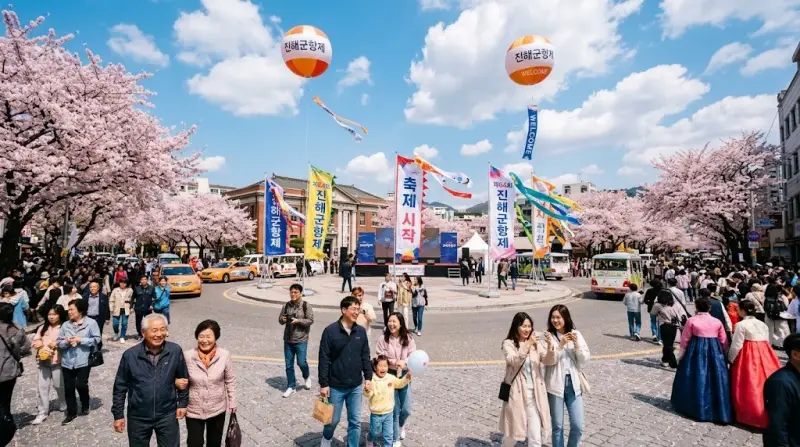 2026 진해군항제 만개한 벚꽃 아래에서 사진을 찍는 사람들의 모습으로 축제 분위기를 생생하게 전달합니다.