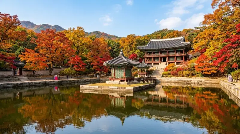 가을 단풍이 붉게 물든 창덕궁 후원 부용지와 규장각의 평화롭고 신비로운 풍경