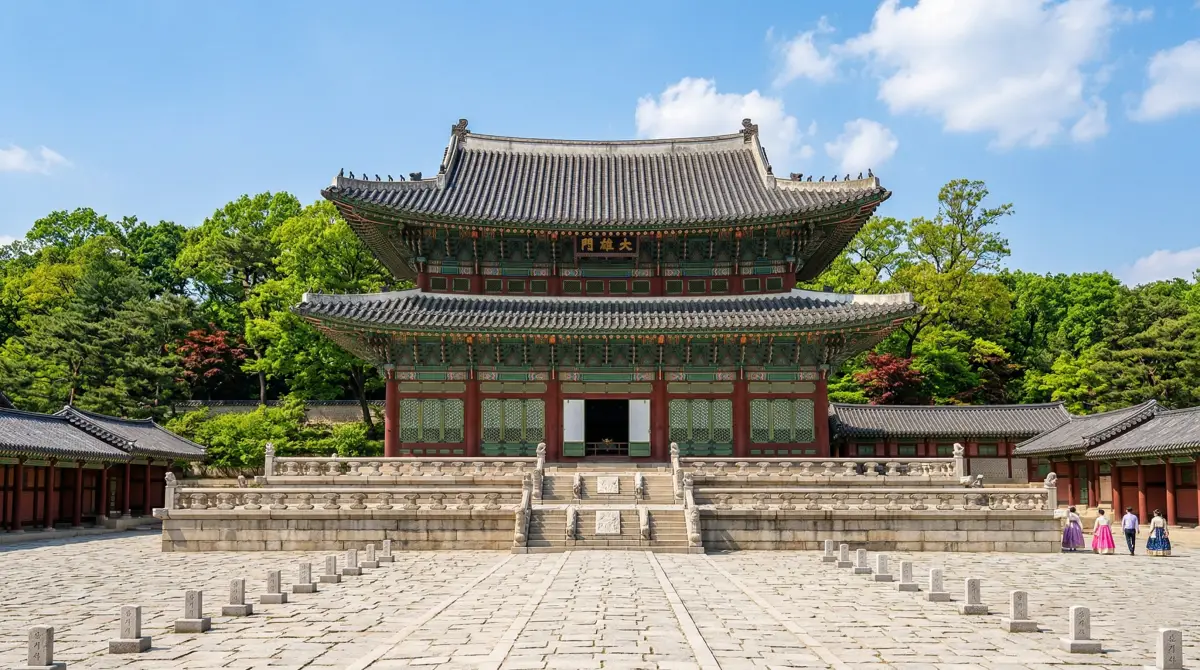 울창한 자연 속에 부드럽게 안겨 있는 창덕궁 인정전의 고풍스러운 전경