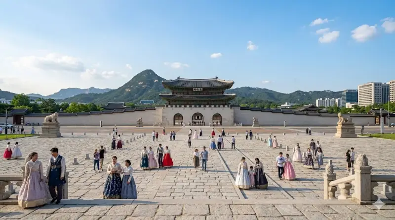 경복궁 광화문 앞에 복원된 월대를 걸으며 왕과 백성의 소통 공간을 체험하는 시민들