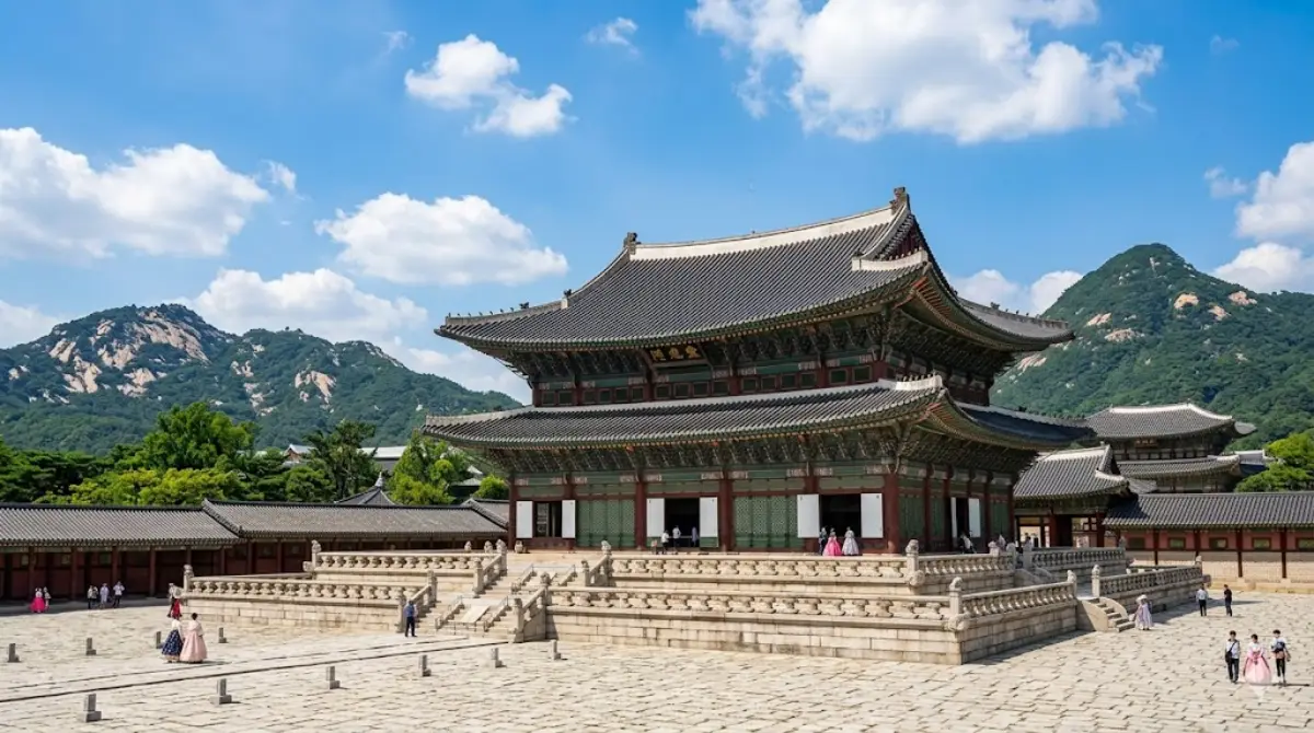 경복궁 근정전 앞에서 북악산을 바라보며 조선 건국의 역사를 느끼는 관람객들의 모습