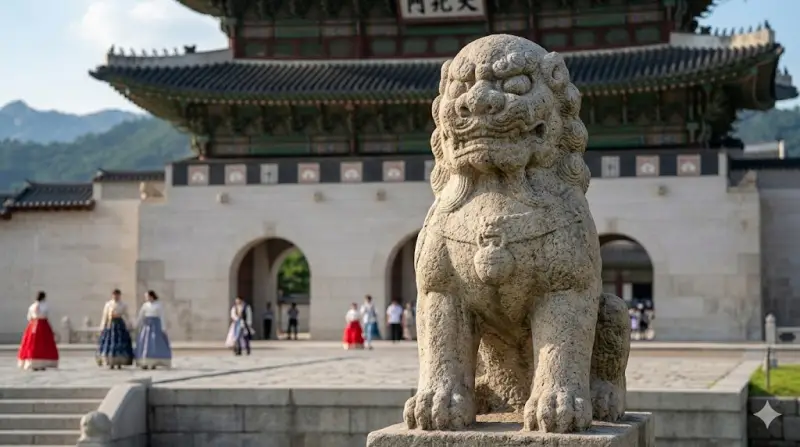 경복궁 광화문 앞을 지키고 있는 해태상을 보며 관악산의 화기를 막으려던 선조들의 이야기를 나누는 모습