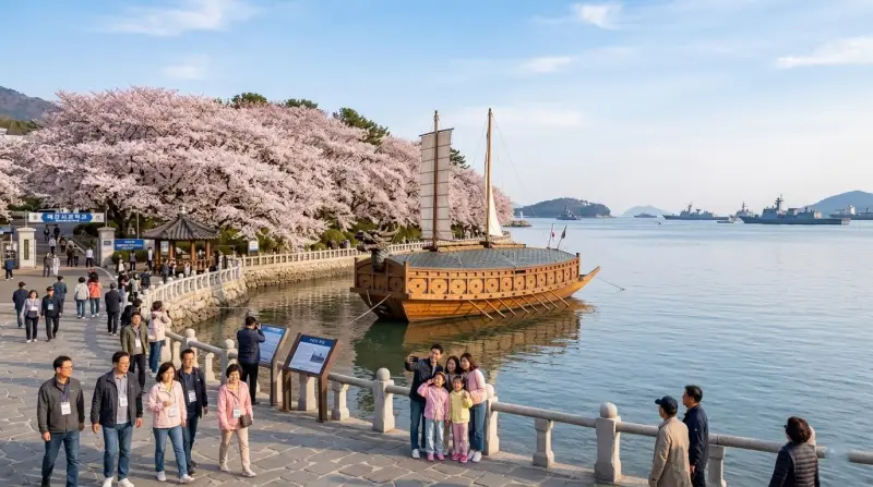 2026 진해군항제 기간에만 개방되는 해군사관학교 내부의 탁 트인 바다와 벚꽃 전경을 보여줍니다.