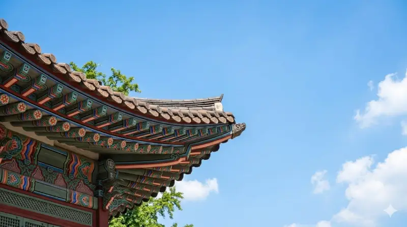 경복궁 처마의 단청과 여백의 미가 돋보이는 전각에서 조선 건축의 절제미를 감상하는 모습