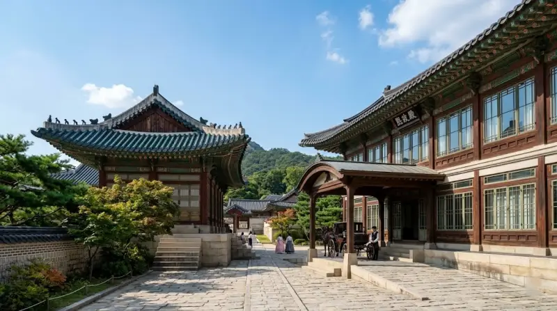 창덕궁 선정전의 푸른색 청기와 지붕과 서양식 유리가 설치된 희정당의 외관이 대비되는 모습