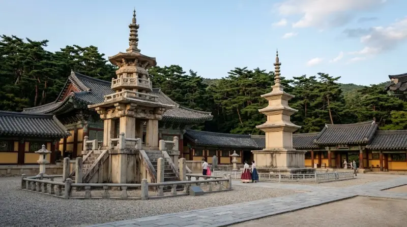 경주 불국사 대웅전 앞마당에 나란히 선 화려한 다보탑과 담백한 석가탑의 대조적인 아름다움을 감상하며 신라 불교 예술을 느끼는 독자들을 위한 가이드