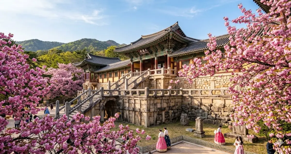 경주 불국사의 천 년 역사와 핑크빛 겹벚꽃이 어우러진 봄 사찰 여행 대표 이미지