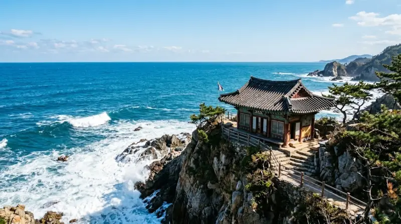 푸른 동해 바다의 깎아지른 절벽 위에 세워진 양양 낙산사의 시원한 전경으로 독자에게 완벽한 바다 여행 코스를 제안함