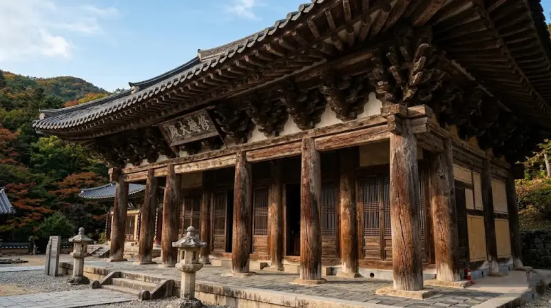단청이 벗겨진 채 천 년의 세월을 간직한 예산 수덕사 대웅전의 단아하고 묵직한 목조 건축 풍경