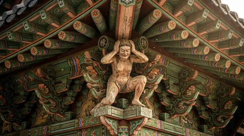 강화 전등사 대웅보전 처마 밑을 힘겹게 떠받치고 있는 나처녀상(나녀상)의 모습으로 흥미로운 전설을 시각적으로 전달함