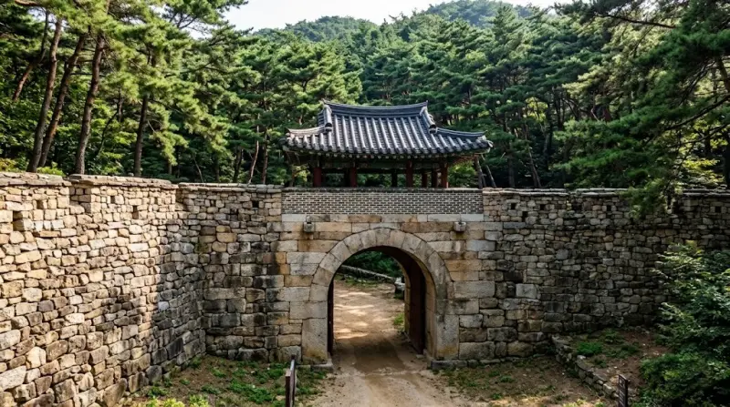 강화 전등사로 들어가는 삼랑성 동문(종해루)의 웅장한 모습으로 독자에게 색다른 사찰 진입로를 소개함