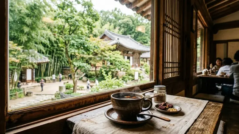 강화 전등사 경내에 위치한 전통 찻집 죽림다원에서 차를 마시며 여유를 즐기는 모습으로 독자에게 휴식 코스를 제안함